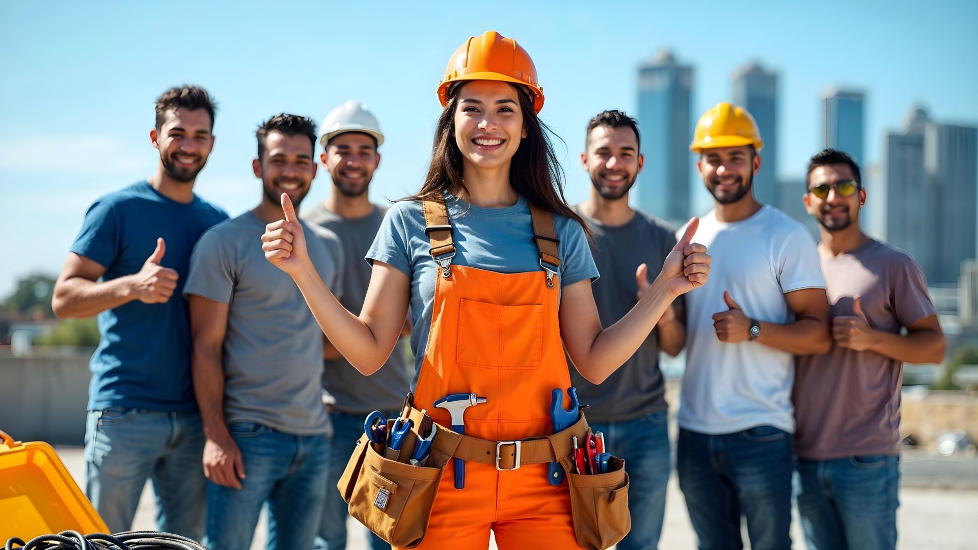 Construction Worker With A Team Giving Thumbs Up